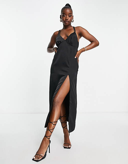 In The Style x Yasmin Chanel satin maxi dress with thigh split in black |  ASOS