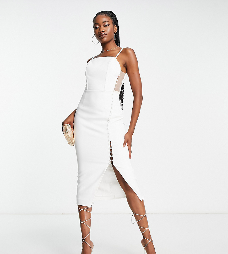 In The Style x Yasmin Devonport Exclusive button detail midi dress in white