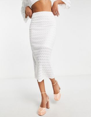In The Style x Yasmin Devonport exclusive lace detail midi skirt co-ord in white