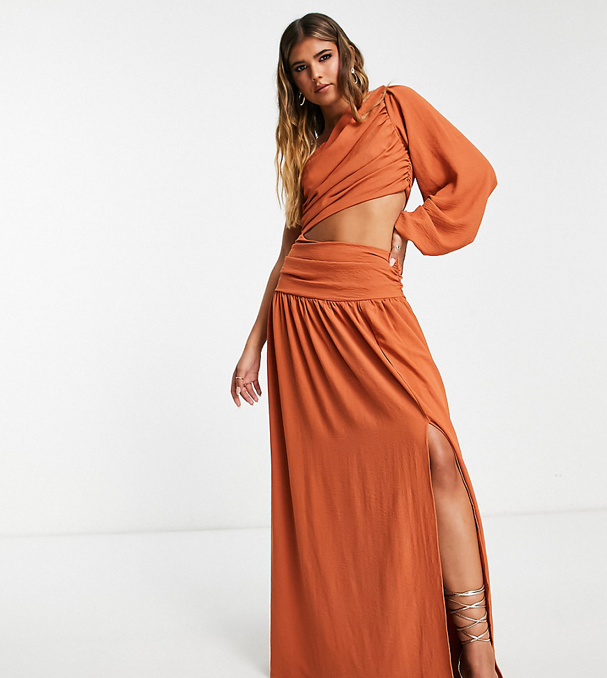 In The Style x Yasmin Devonport Exclusive pleated one volume sleeve cut-out waist maxi dress in tan-Brown
