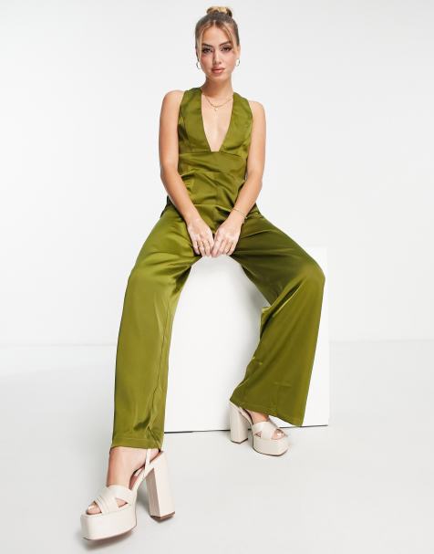 ASOS DESIGN structured halter jumpsuit with tie waist detail in chartreuse