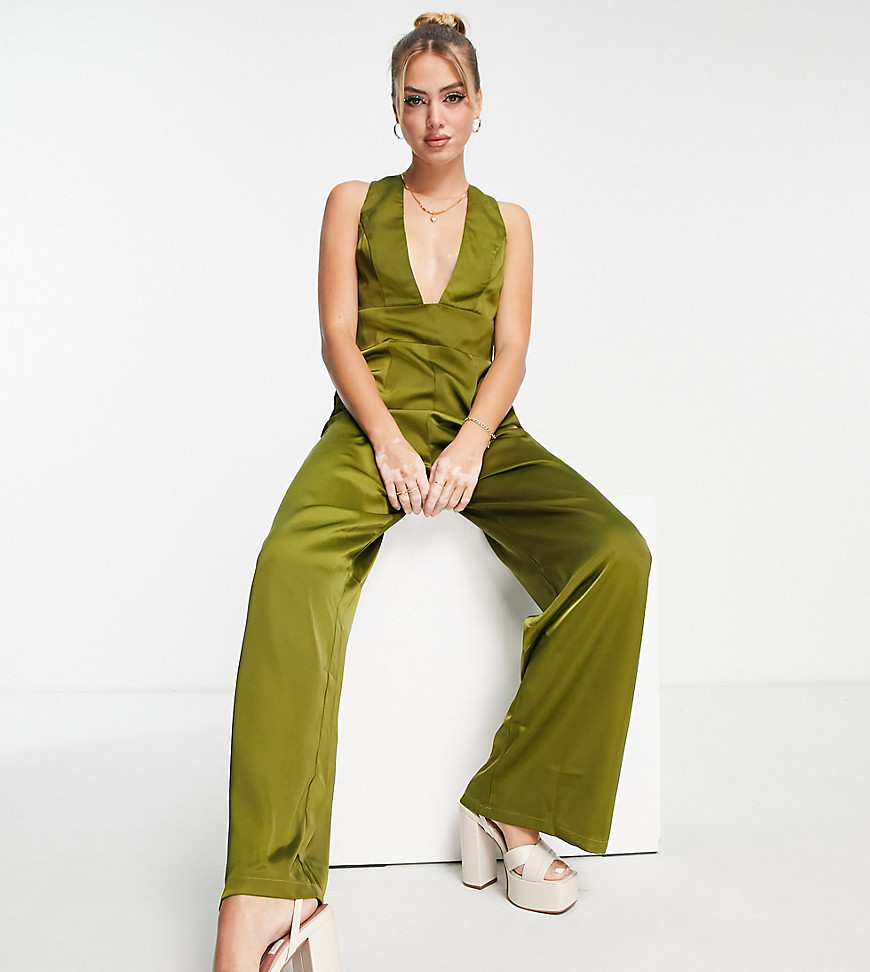 In The Style x Yasmin Devonport exclusive plunge front wide leg jumpsuit in lime-Green