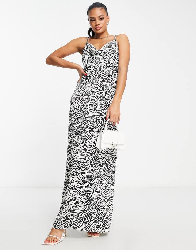 In The Style x Yasmin Devonport exclusive satin cowl front maxi dress in zebra print