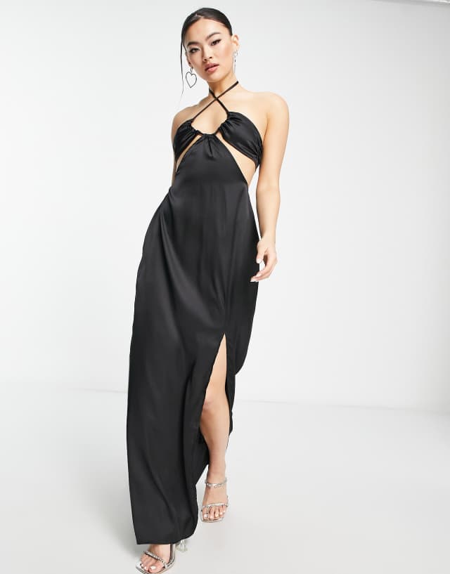 In The Style x Yasmin Devonport Exclusive satin cut-out ruched bust detail maxi dress in black