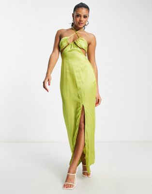 In The Style X Yasmin Devonport Exclusive Satin Cut-out Ruched Bust Detail Maxi Dress In Lime-green
