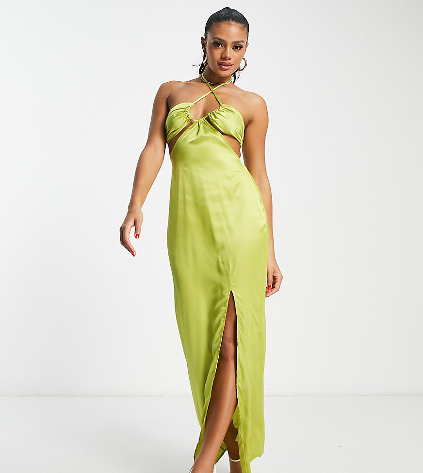 In The Style X Yasmin Devonport Exclusive Satin Cut-out Ruched Bust Detail Maxi Dress In Lime-green