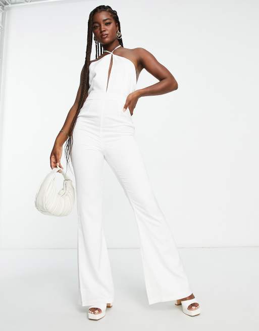 Beyond Classy White Satin Halter Wide-Leg Jumpsuit