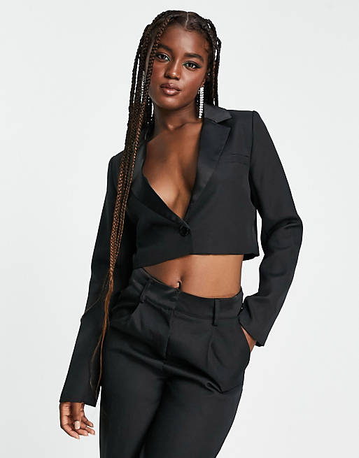 In The Style x Yasmin Devonport exclusive satin lapel trim cropped blazer in black (part of a set)