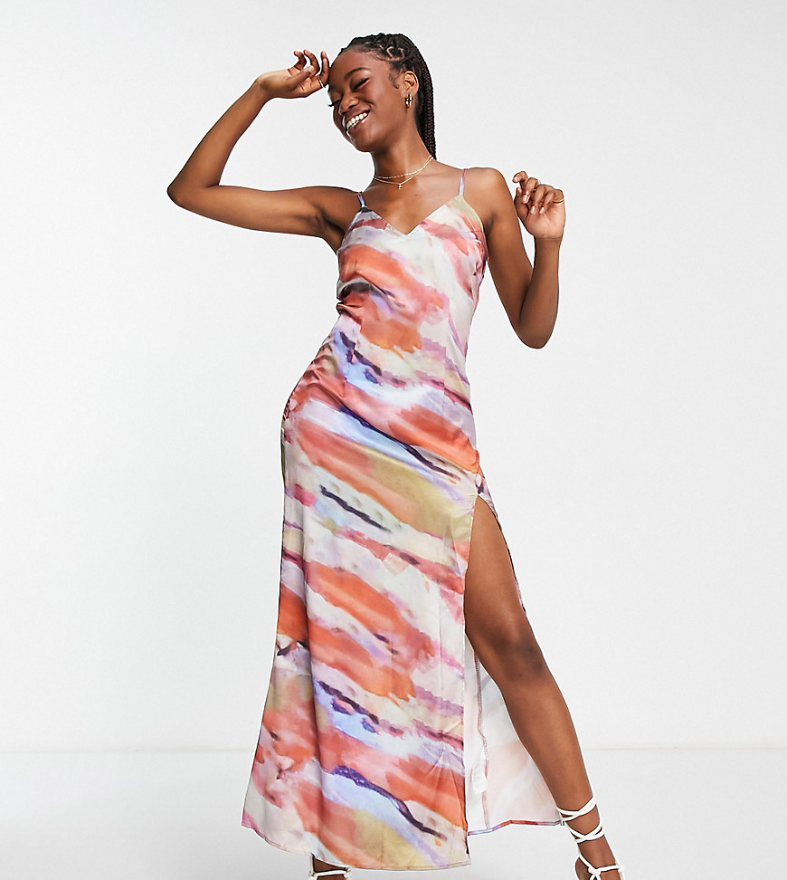 In The Style x Yasmin Devonport exclusive satin plunge front maxi dress in multi abstract print