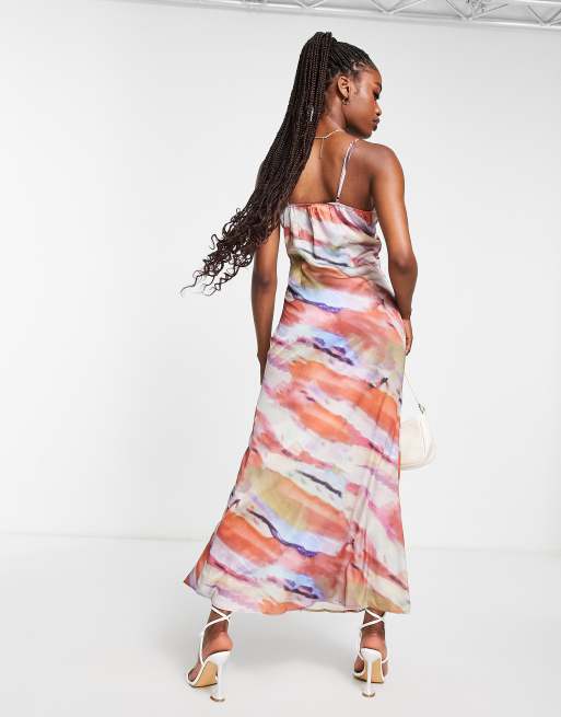 In The Style x Yasmin Devonport exclusive satin plunge front maxi dress in  multi abstract print