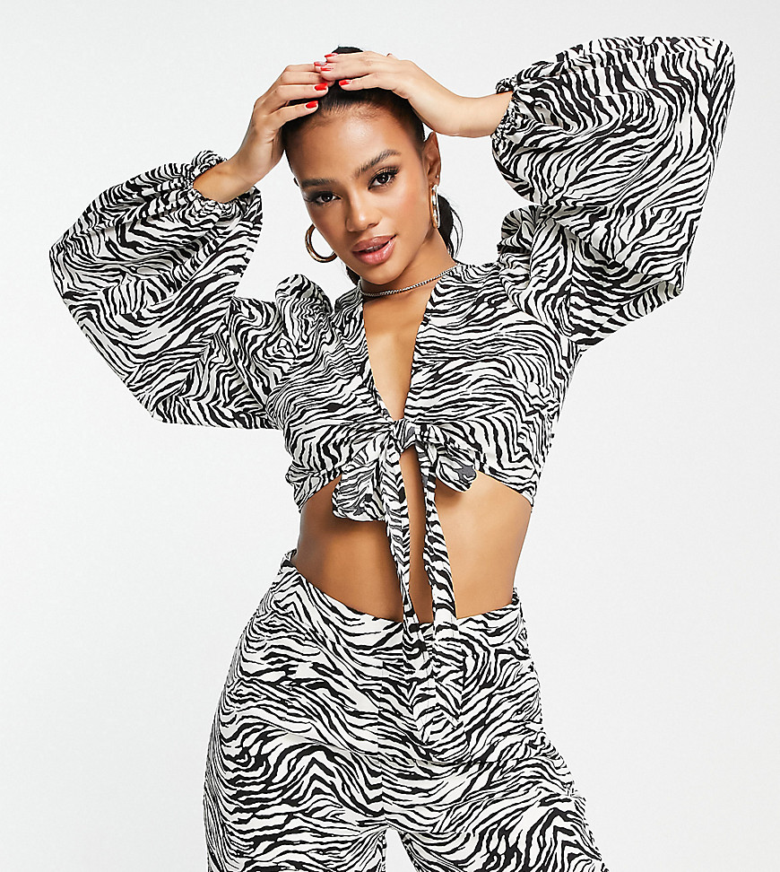 In The Style x Yasmin Devonport exclusive tie front cropped shirt co-ord in zebra print-Multi