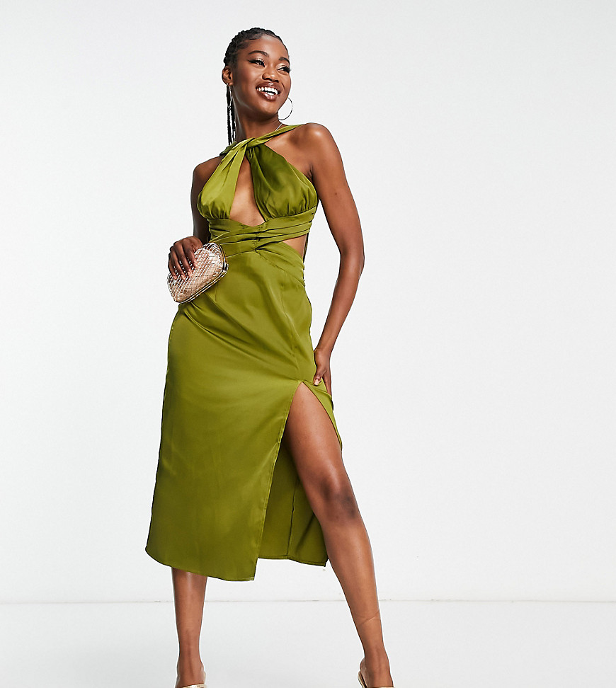 In The Style X Yasmin Devonport Exclusive Twist Halterneck Cut-out Midi Dress In Lime-green