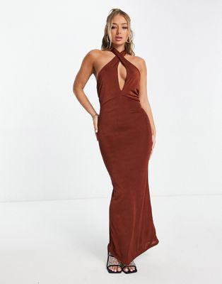 In The Style X Yasmin Devonport Exclusive Twist Halterneck Maxi Dress In Chocolate-brown