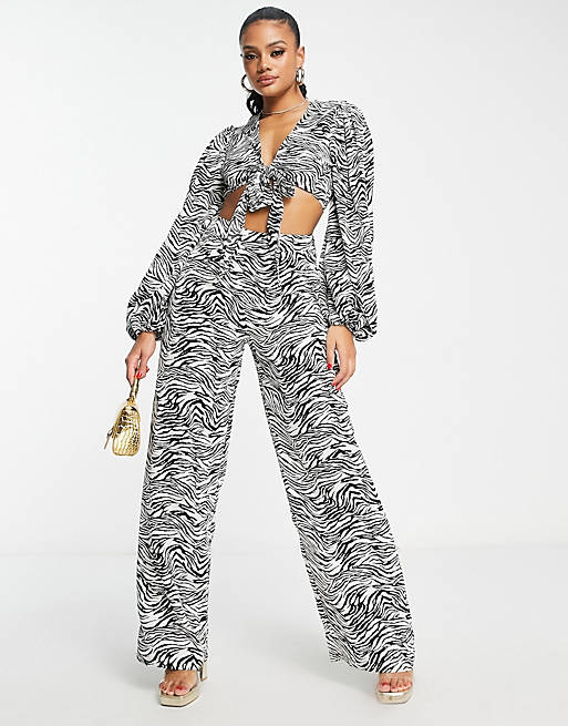 In The Style x Yasmin Devonport exclusive wide leg pants in zebra print (part of a set)
