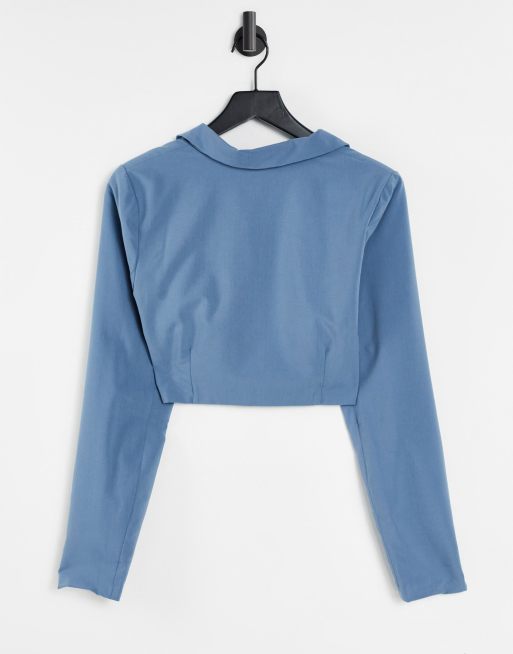 In The Style x Yasmine Chanel cropped blazer co-ord in blue, 2 of 4