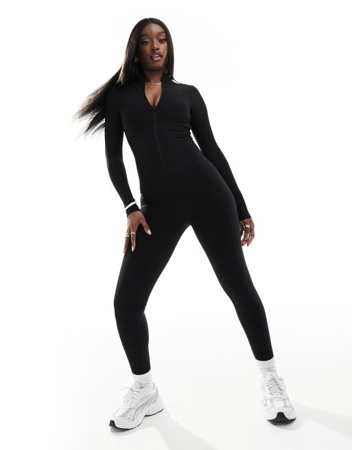 Black Long Sleeve Zip Up Unitard - sosorella