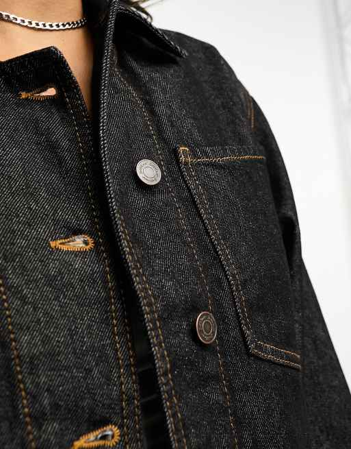 Black denim jacket with contrast stitching best sale