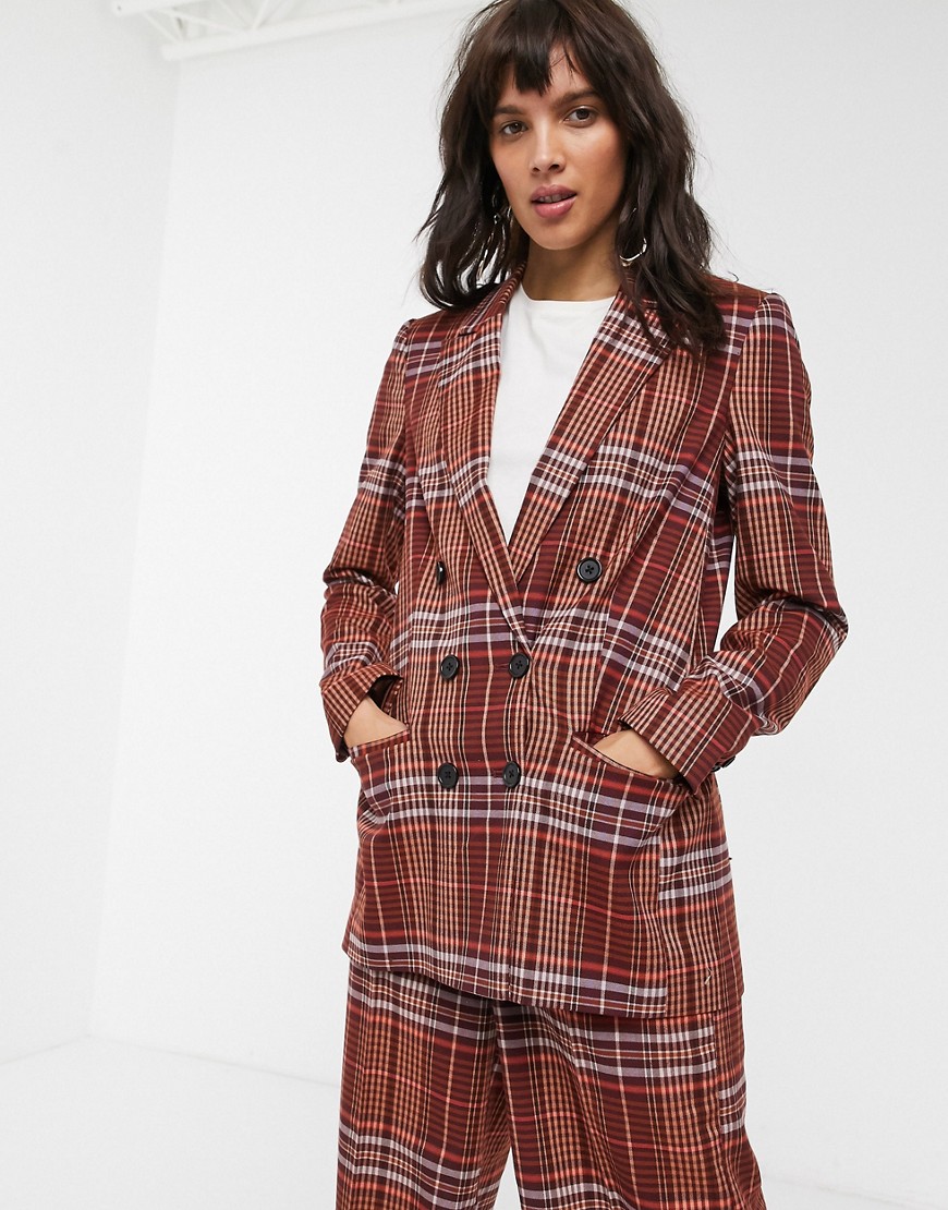 In Wear Jael check double breasted blazer co-ord-Brown