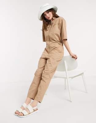 beige utility jumpsuit