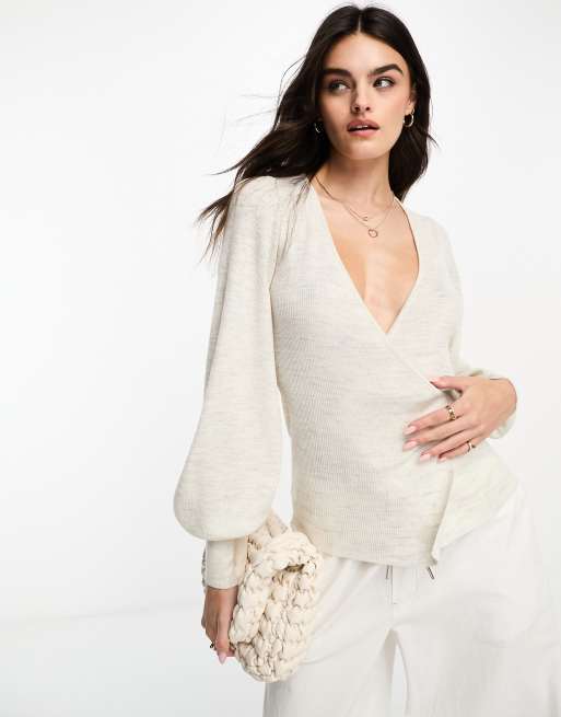 In Wear – Panje – Gerippte Wickel-Strickjacke in Grau meliert