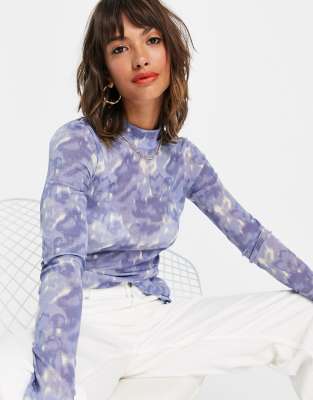 In Wear Viena roll-neck printed mesh top in blue