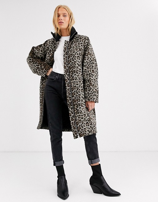 In Wear Zaada leopard print funnel neck coat in wool blend