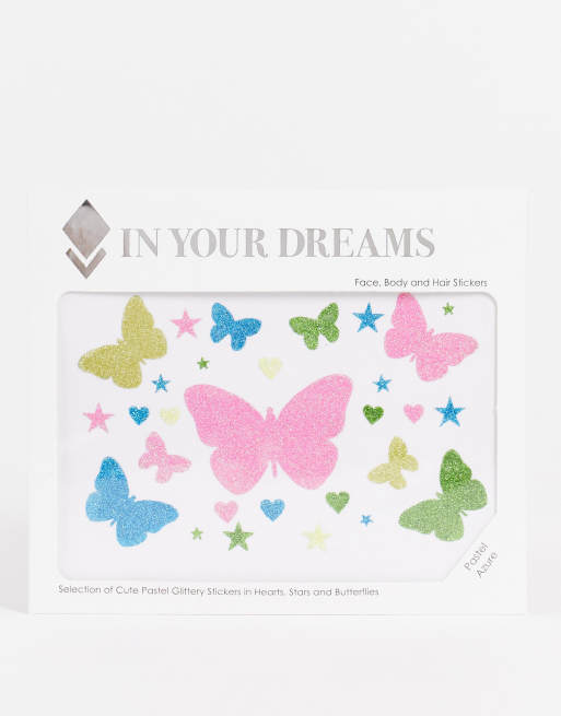 In Your Dreams - Pastelfarvede og azurblå ansigts- og hårklistermærker med form af sommerfugle