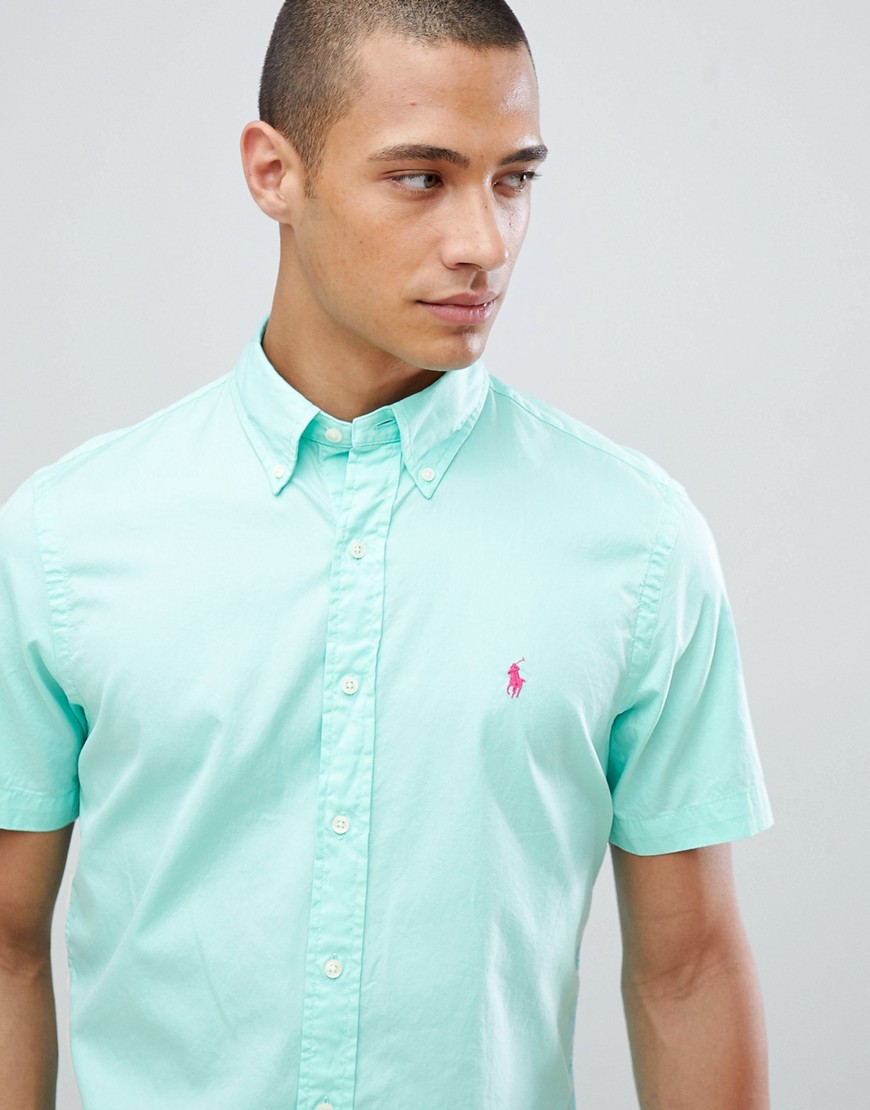 INdfarvet lys grøn slim fit skjorte med korte ærmer, logo og knapper fra Polo Ralph Lauren