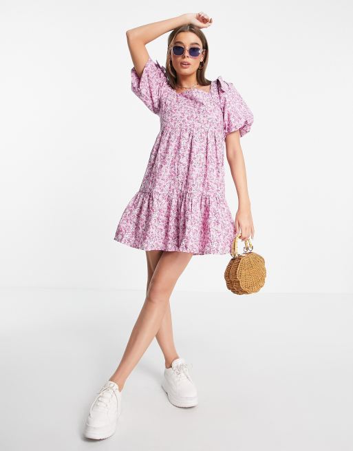 Influence angel sleeve tiered mini dress in purple floral | ASOS