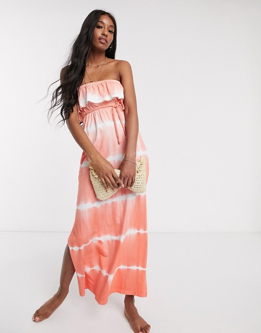 Influence bandeau beach maxi dress with rope tie waist in tie dye