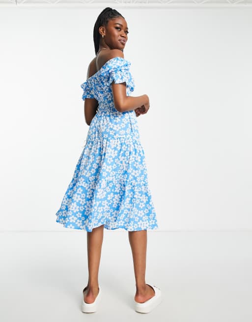 Influence bardot midi dress in blue floral