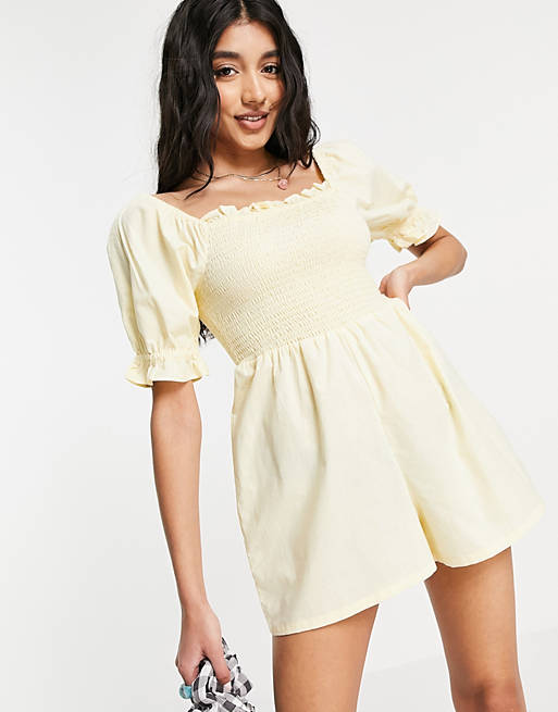 Influence bardot playsuit with shirring in yellow