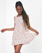 Daisy Street mini smock dress with shirring detail in white yellow ditsy  floral