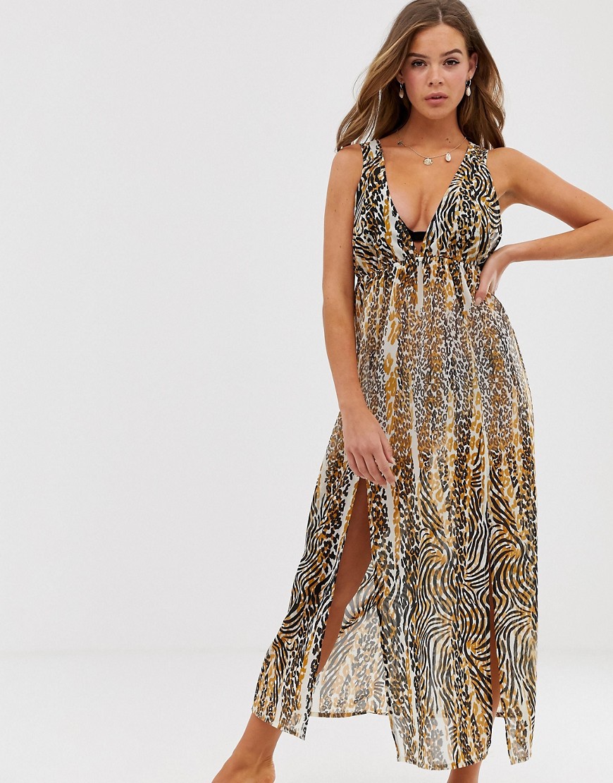 Influence beach maxi dress in leopard print-Multi