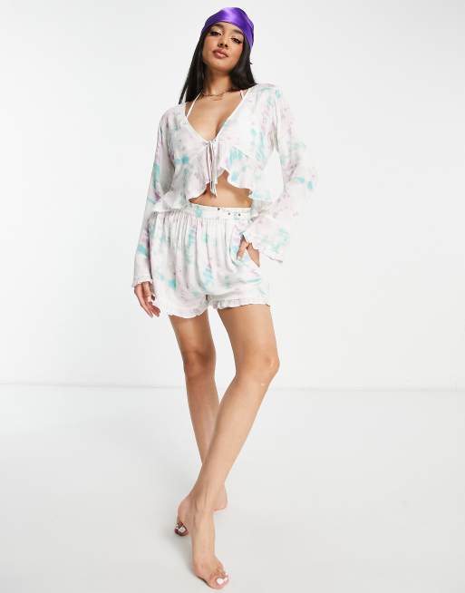 Influence beach shirt and shorts set in white tie dye ASOS