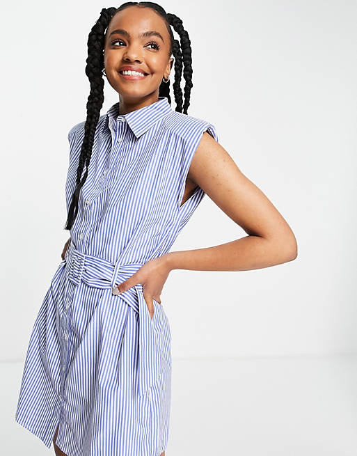 Influence belted waist shirt dress in stripe with shoulder pads