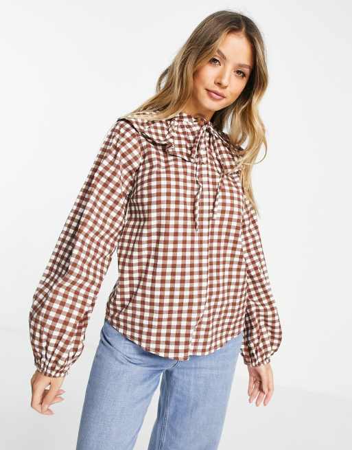 Influence Blouse met lange mouwen en kraag in bruine gingham ruit