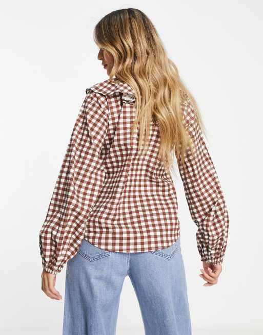 Influence Blouse met lange mouwen en kraag in bruine gingham ruit ASOS