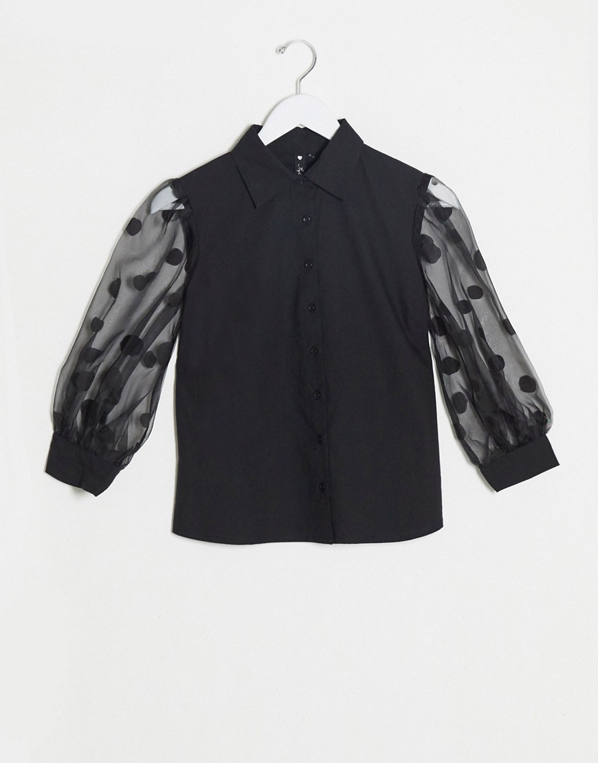 Influence blouse with spot organza puff sleeves in black