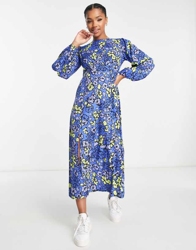 Influence blouson sleeve midi tea dress in blue floral print