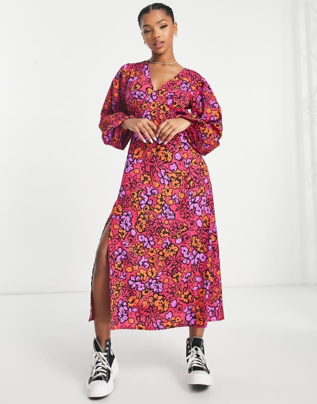 Influence blouson sleeve v neck midi tea dress in pink floral print