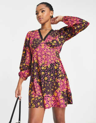 Influence Influence blouson sleeve v neck mini skater dress with lace trim in mixed floral print-Pink