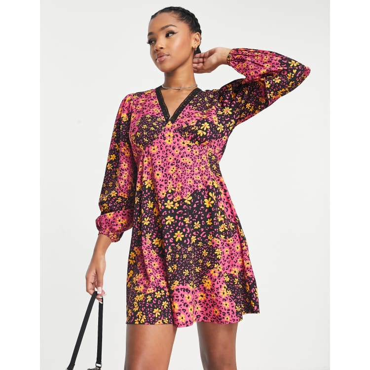 Influence blouson sleeve v neck mini skater dress with lace trim in mixed  floral print