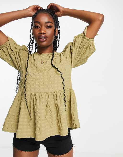 Influence - Blusa color kaki con maniche a sbuffo