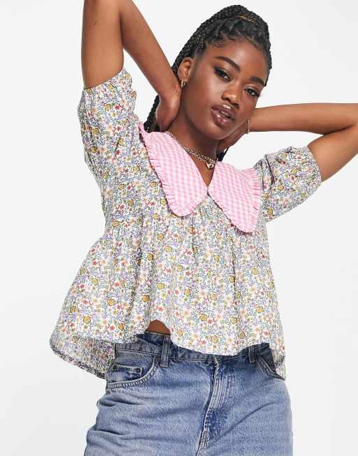 Influence - Blusa multicolore con colletto alla Peter Pan a contrasto