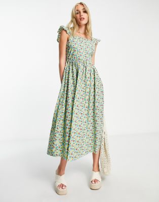 Influence Influence bow back frill shoulder midi dress in floral print-Multi