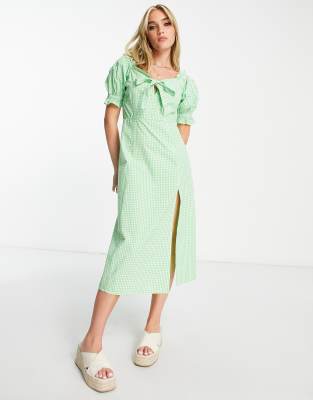 Influence Bow Front Midi Dress In Green Gingham