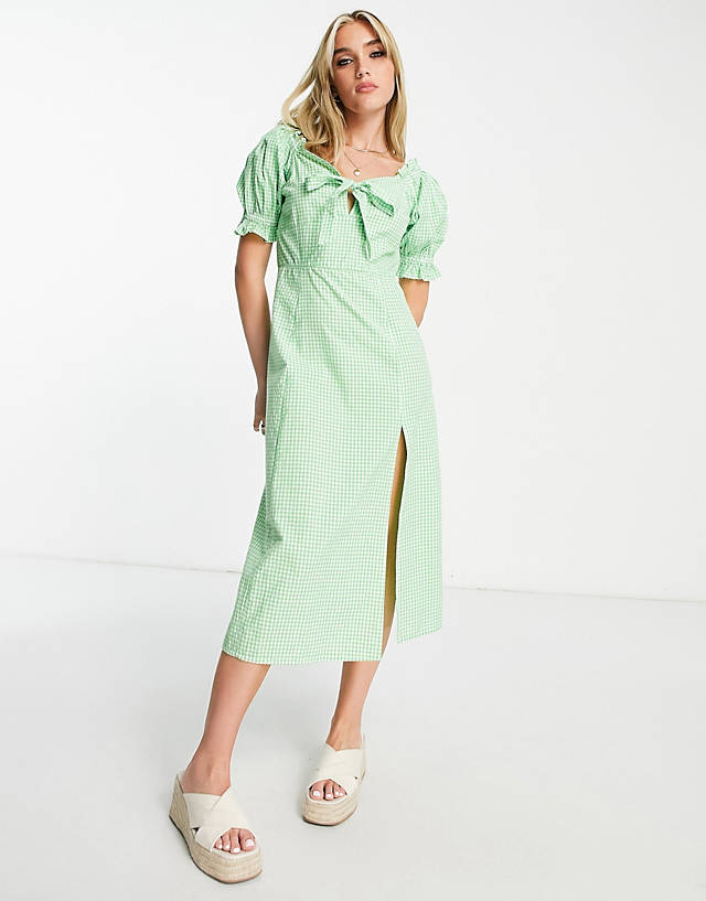 Influence bow front midi dress in green gingham