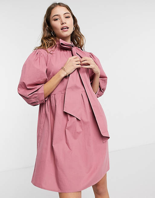 Influence bow neck mini smock dress in pink
