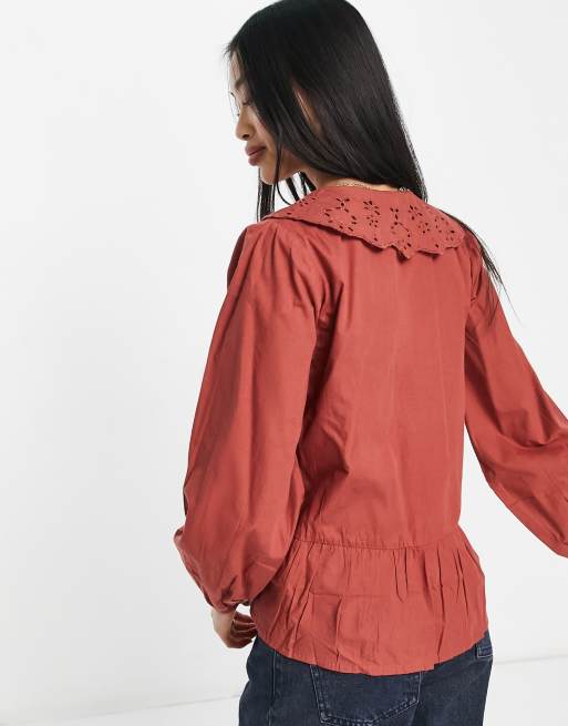 Influence broderie collared blouse in rust, 3 of 4